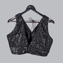 Sitara Full Sequins Sleeveless Jet Black Blouse with V Neckline