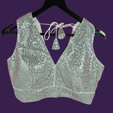 Sitara Full Sequins Sleeveless Silver White Blouse with V Neckline