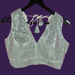 Sitara Full Sequins Sleeveless Silver White Blouse with V Neckline