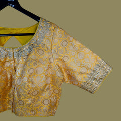 Zardana Bold Yellow Pink Banaras Brocade Blouse with Zari work and Round Neckline