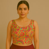 Kamalmor Red Paithani Blouse Blouse with Round Neckline