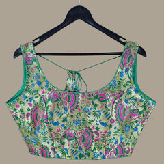 Kamalmor Paithani Blouse Green Color Blouse with Round Neckline