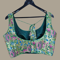 Kamalmor Paithani Blouse Green Color Blouse with Round Neckline
