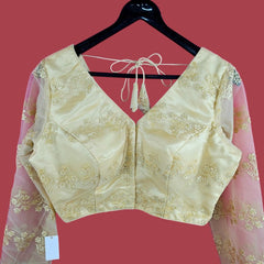 Nazakat Light Gold / Cream Net V Neck Blouse with Sequin Work
