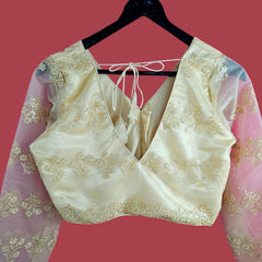 Nazakat Light Gold / Cream Net V Neck Blouse with Sequin Work