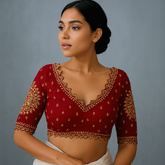 Embroidered Gajji Silk Base Red Color Blouse with Curvy V Neckline