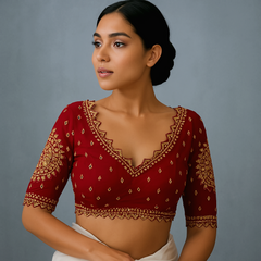 Embroidered Gajji Silk Base Red Color Blouse with Curvy V Neckline