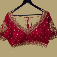 Embroidered Gajji Silk Base Red Color Blouse with Curvy V Neckline