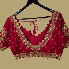 Embroidered Gajji Silk Base Red Color Blouse with Curvy V Neckline