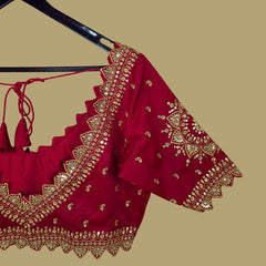 Embroidered Gajji Silk Base Red Color Blouse with Curvy V Neckline