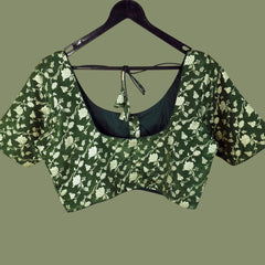 Kundan Hunter Green Color Brocade Blouse with Round Neckline