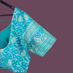 Nupur Dark Sky Blue Color Banarasi Brocade Blouse with Sweetheart Neckline