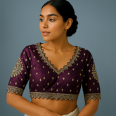Embroidered Gajji Silk Base Wine Color Blouse with Curvy V Neckline