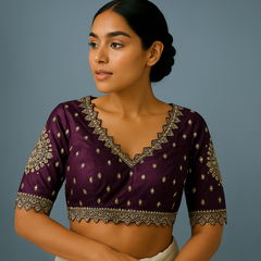 Embroidered Gajji Silk Base Wine Color Blouse with Curvy V Neckline