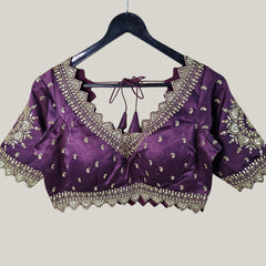 Embroidered Gajji Silk Base Wine Color Blouse with Curvy V Neckline