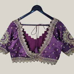 Embroidered Gajji Silk Base Wine Color Blouse with Curvy V Neckline