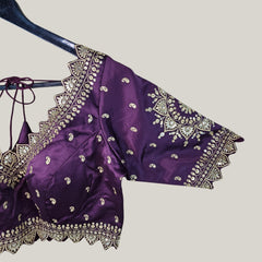 Embroidered Gajji Silk Base Wine Color Blouse with Curvy V Neckline