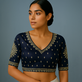 Embroidered Gajji Silk Base Navy Blue Color Blouse with Curvy V Neckline