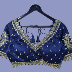 Embroidered Gajji Silk Base Navy Blue Color Blouse with Curvy V Neckline