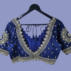 Embroidered Gajji Silk Base Navy Blue Color Blouse with Curvy V Neckline