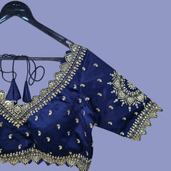 Embroidered Gajji Silk Base Navy Blue Color Blouse with Curvy V Neckline