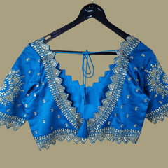 Embroidered Gajji Silk Base Deep Sky Blue Color Blouse with Curvy V Neckline