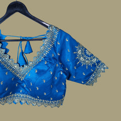 Embroidered Gajji Silk Base Deep Sky Blue Color Blouse with Curvy V Neckline