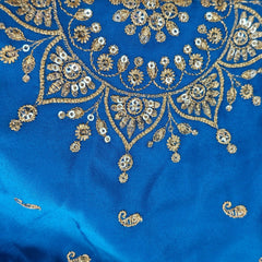 Embroidered Gajji Silk Base Deep Sky Blue Color Blouse with Curvy V Neckline