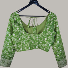 Zarmina Banarasi Brocade Parrot Green Color Blouse with Round Neckline