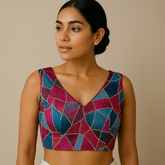 Rangoli Shades of Sky Blue and Pink Color Sequin Blouse with V Neckline