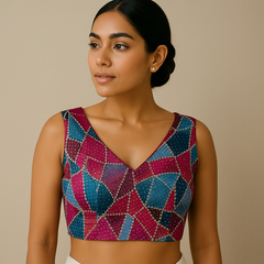 Rangoli Shades of Sky Blue and Pink Color Sequin Blouse with V Neckline