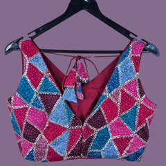 Rangoli Shades of Sky Blue and Pink Color Sequin Blouse with V Neckline