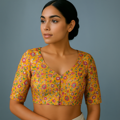 Phoolzar Banaras Brocade Mustard Yellow Color Blouse with Round Neckline