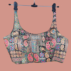 Aarasi Pure Banarasi Dola Silk Soft Brocade Blouse with Position Print on Grey Base and Round Neckline