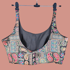 Aarasi Pure Banarasi Dola Silk Soft Brocade Blouse with Position Print on Grey Base and Round Neckline