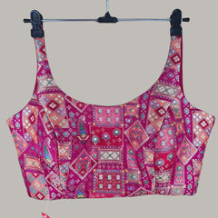 Aarasi Pure Banarasi Dola Silk Soft Brocade Blouse with Position Print on Fuchsia Pink Base and Round Neckline