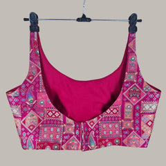 Aarasi Pure Banarasi Dola Silk Soft Brocade Blouse with Position Print on Fuchsia Pink Base and Round Neckline