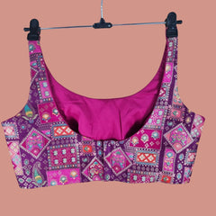 Aarasi Pure Banarasi Dola Silk Soft Brocade Blouse with Position Print on Purple Base and Round Neckline