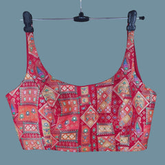 Aarasi Pure Banarasi Dola Silk Soft Brocade Blouse with Position Print on Crimson Red Base and Round Neckline