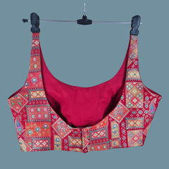 Aarasi Pure Banarasi Dola Silk Soft Brocade Blouse with Position Print on Crimson Red Base and Round Neckline