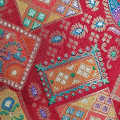 Aarasi Pure Banarasi Dola Silk Soft Brocade Blouse with Position Print on Crimson Red Base and Round Neckline