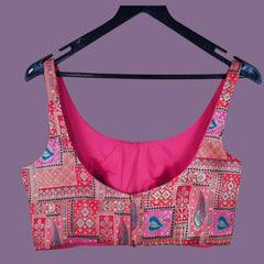 Aarasi Pure Banarasi Dola Silk Soft Brocade Blouse with Position Print on Raspberry Pink Base and Round Neckline