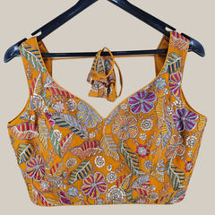 Jasmin Mustard Color Base Multicolor Floral Embroidered Blouse with Sweetheart Neckline