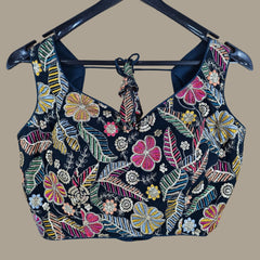 Jasmin Dark Firozi Color Base Multicolor Floral Embroidered Blouse with Sweetheart Neckline