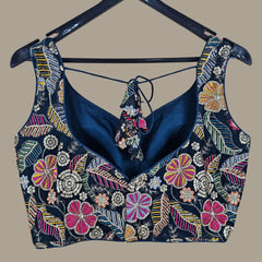 Jasmin Dark Firozi Color Base Multicolor Floral Embroidered Blouse with Sweetheart Neckline