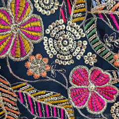 Jasmin Dark Firozi Color Base Multicolor Floral Embroidered Blouse with Sweetheart Neckline