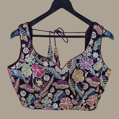 Jasmin Purple Color Base Multicolor Floral Embroidered Blouse with Sweetheart Neckline