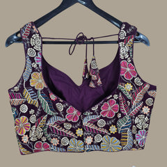Jasmin Purple Color Base Multicolor Floral Embroidered Blouse with Sweetheart Neckline