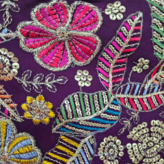 Jasmin Purple Color Base Multicolor Floral Embroidered Blouse with Sweetheart Neckline