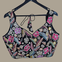 Jasmin Black Color Base Multicolor Floral Embroidered Blouse with Sweetheart Neckline